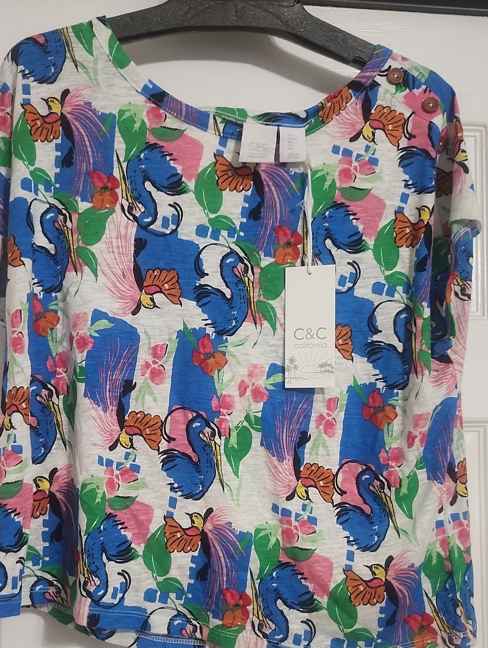 C&C California Bright Tropical Bird Print Top - Blue, Pink, Green